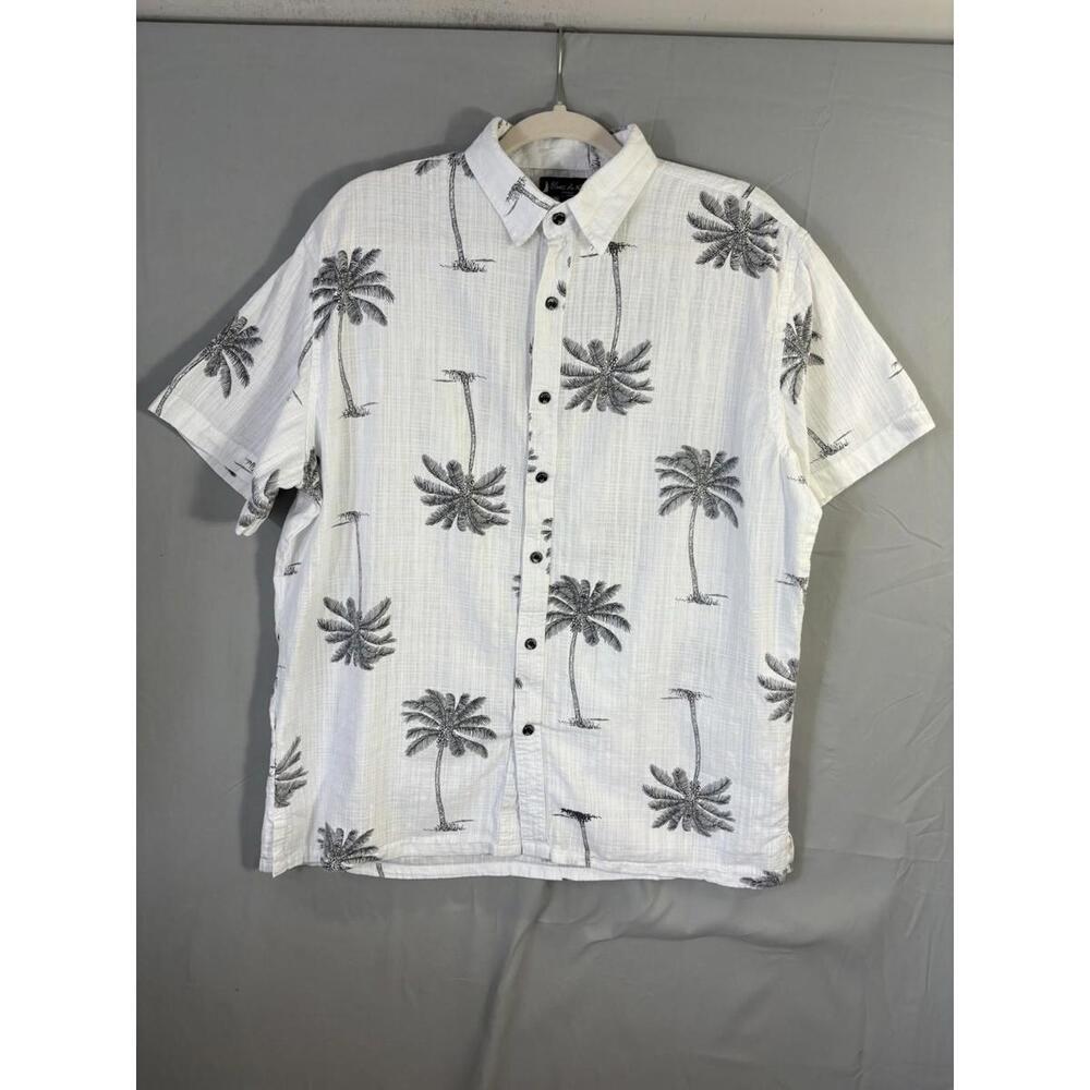 Blanc Du Nil France Men Button Shirt sz L 100% Gauze Cotton White Palm Trees